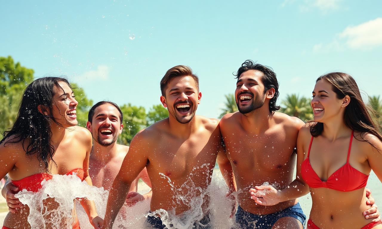 Amis riant lors d'une partie de Water Tag en plein air